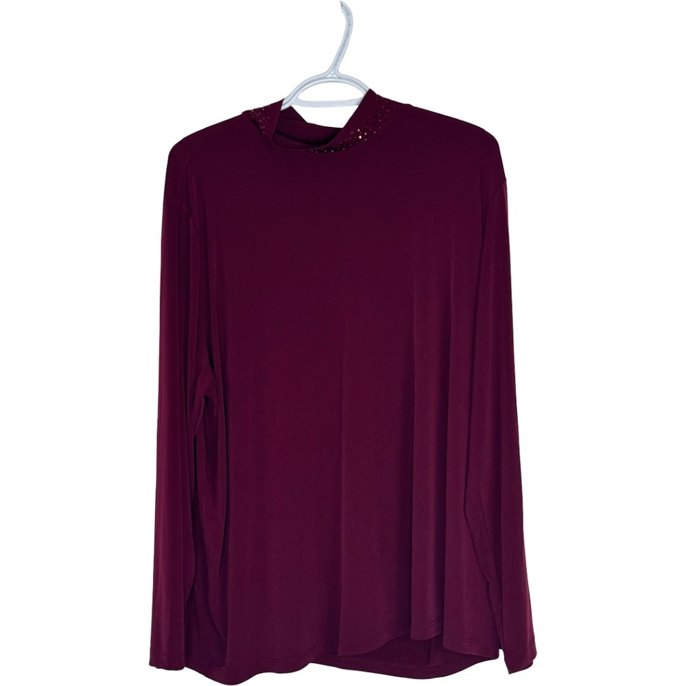Susan Graver Occasions Top Women 2X Wine Liquid Knit Embellished Mock Neck - Picture 6 of 16